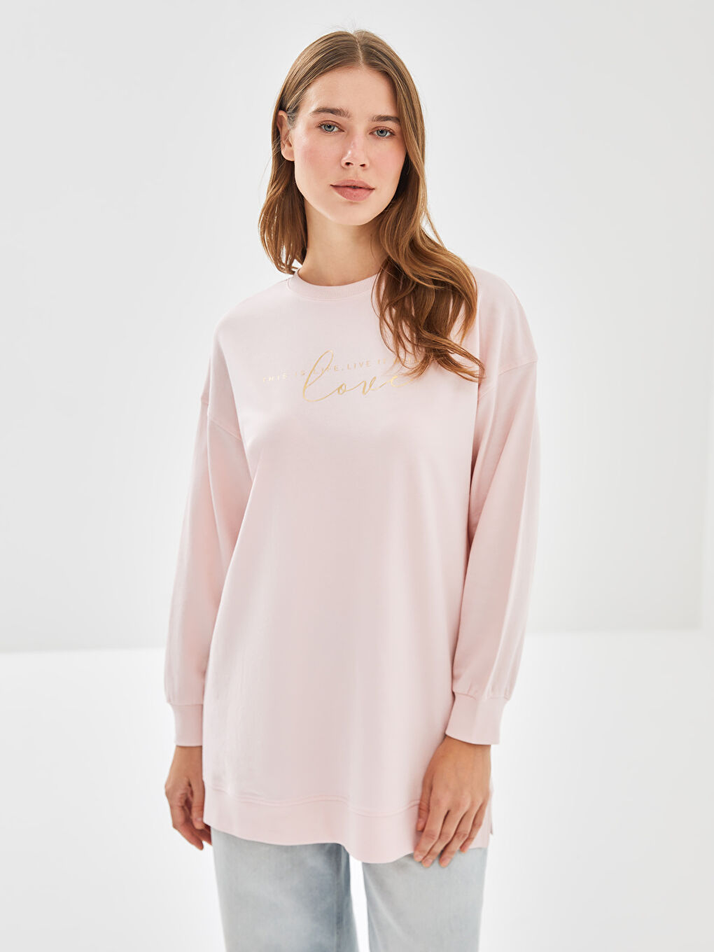 Crew Neck Printed Women's Sweatshirt Tunic
