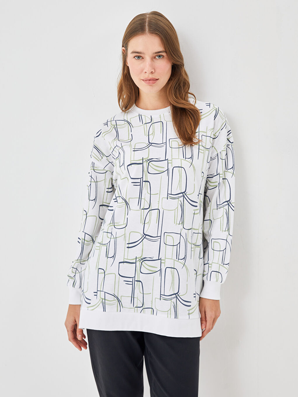 LCW Modest Bisiklet Yaka Desenli Kadın Sweatshirt Tunik -S54917Z8-LU7