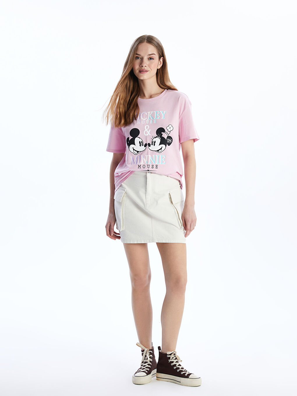 Crew Neck Mickey and Minnie Mouse Printed Women's T-Shirt -S54981Z8-VVC