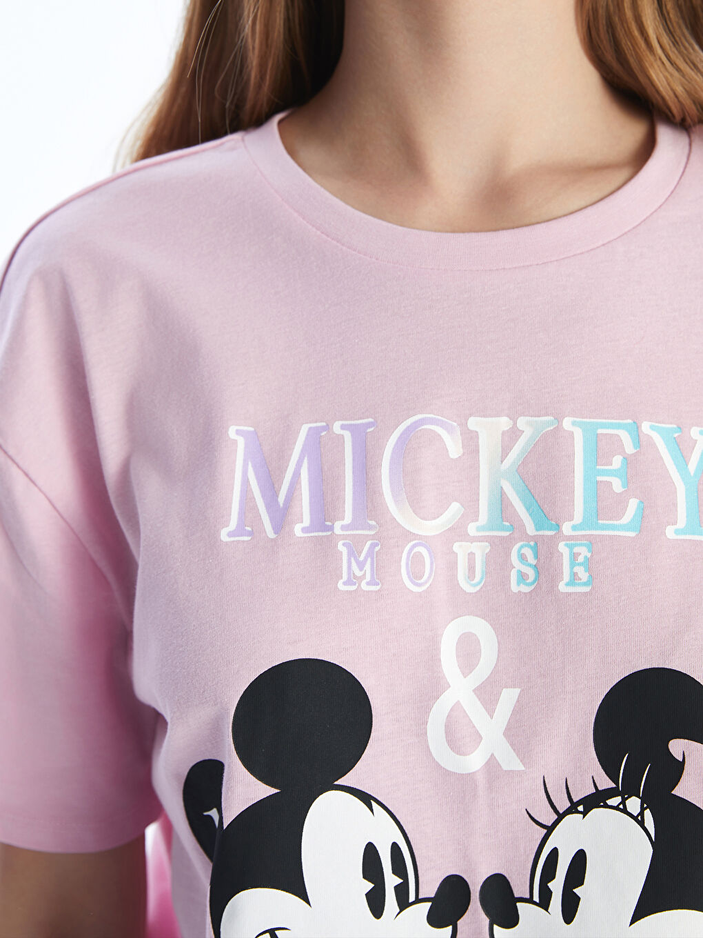 Crew Neck Mickey and Minnie Mouse Printed Women's T-Shirt -S54981Z8-VVC
