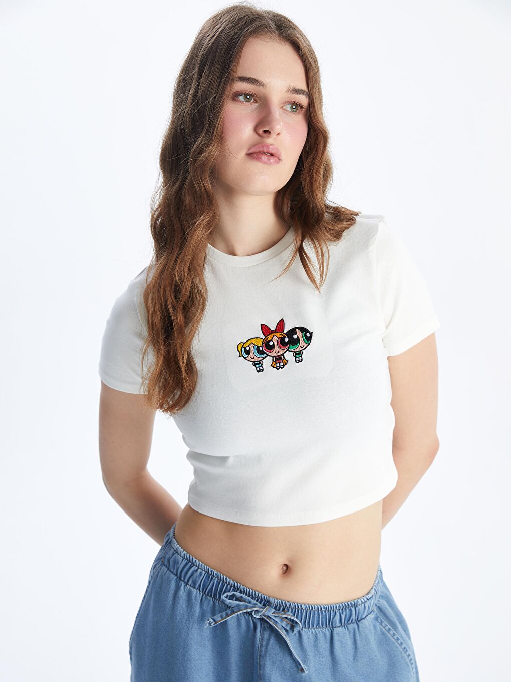 Crew Neck Powerpuff Girls Embroidered Women's Crop Top -S54986Z8-R9J