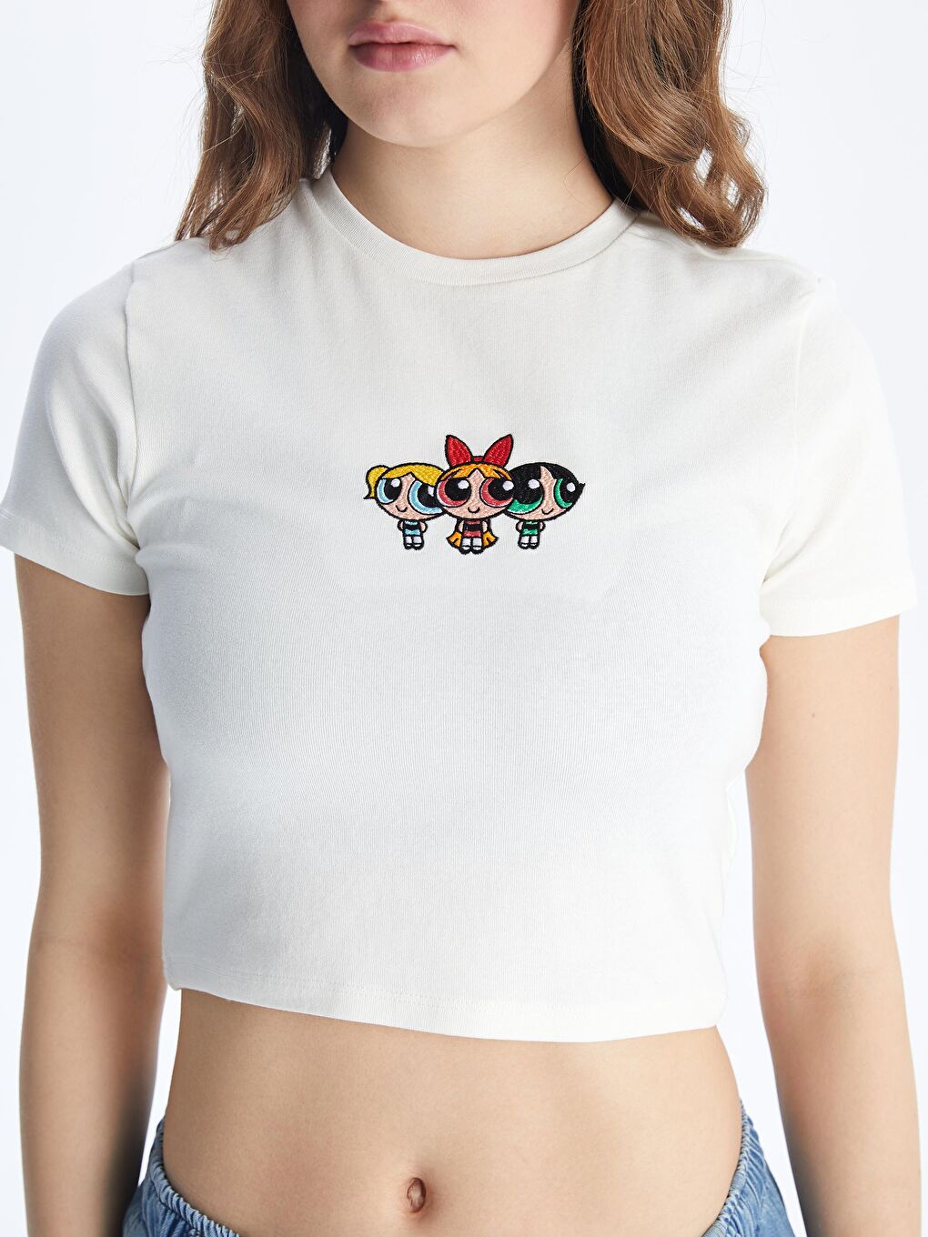 Crew Neck Powerpuff Girls Embroidered Women's Crop Top -S54986Z8-R9J