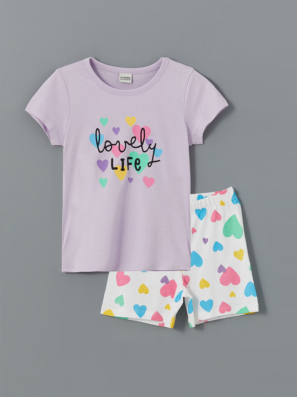 LCW Kids Lila Bisiklet Yaka Baskılı Kısa Kollu Kız Çocuk Şortlu Pijama Takımı