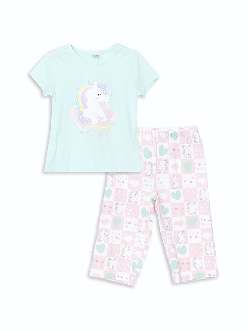 LCW Kids Turkuaz Bisiklet Yaka Baskılı Kız Çocuk Pijama Takımı