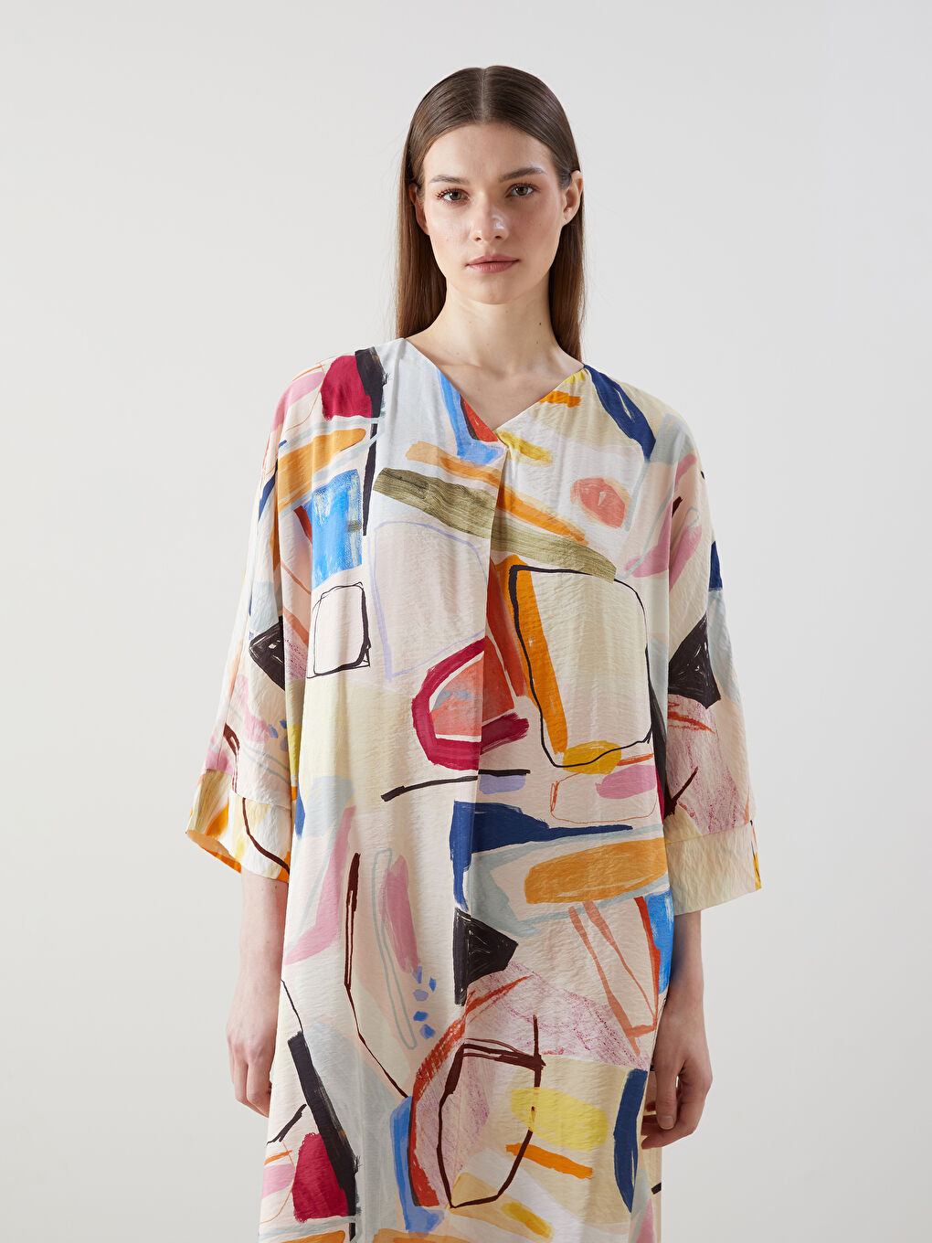 LCW Modest V Neck Patterned Oversize Women's Dress -S55040Z8-LRA