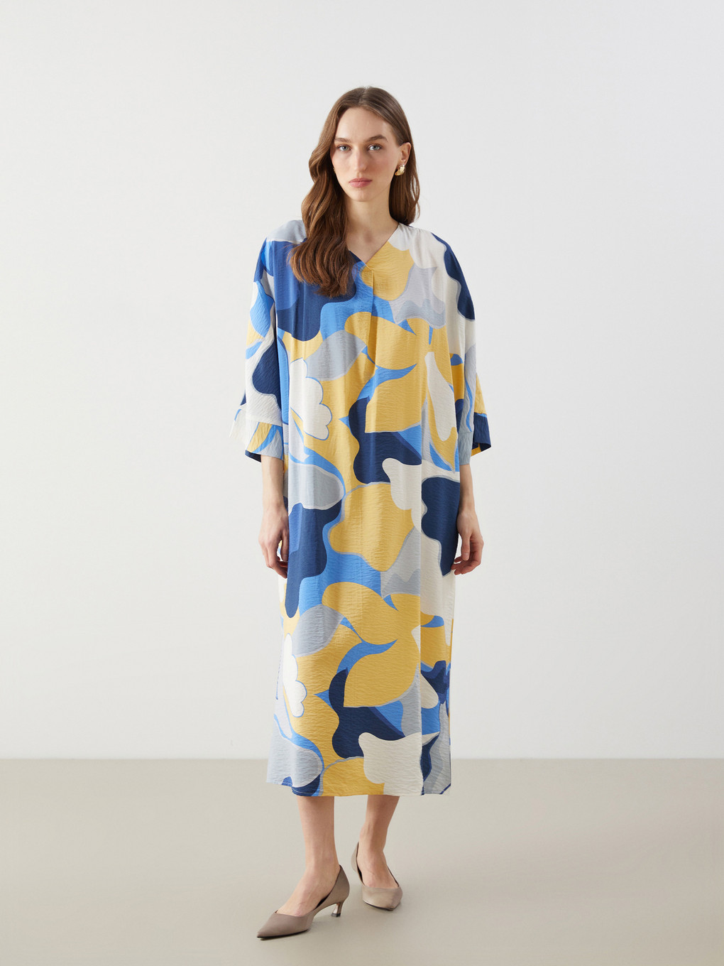 V Neck Patterned Oversize Women's Dress