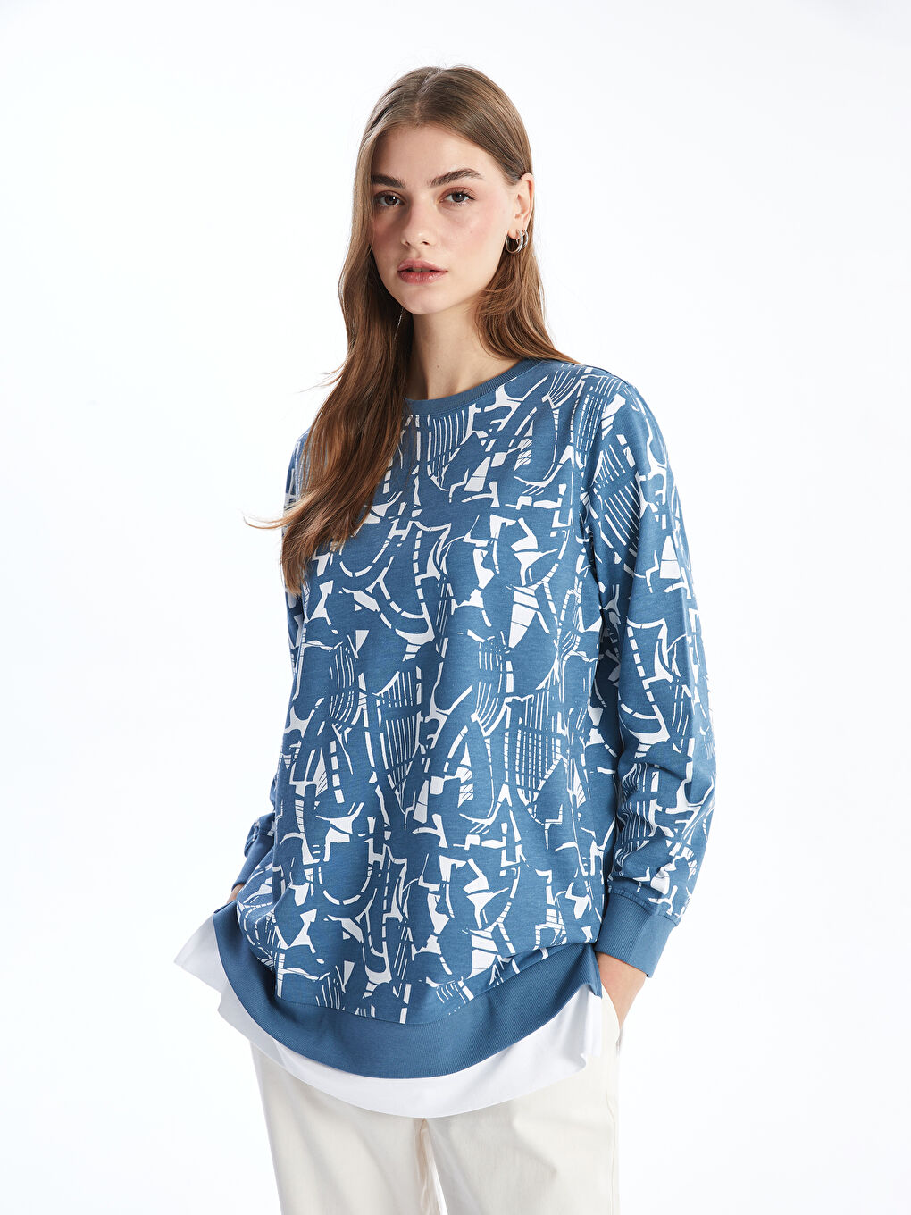 Tunique en Sweatshirt à Motifs pour Femmes à Col Rond