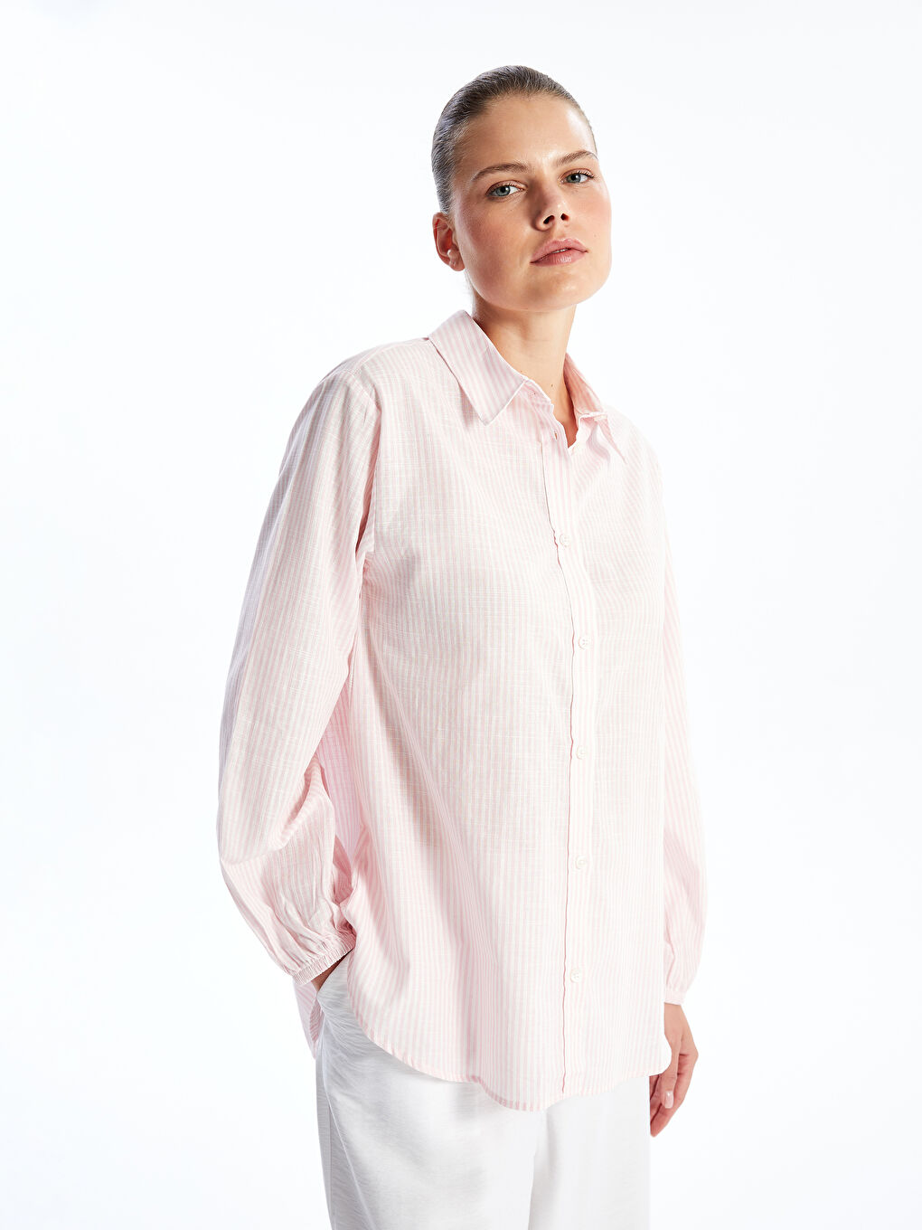 Regular Fit Poplin Women's Shirt with Ruching -S55154Z8-LHK
