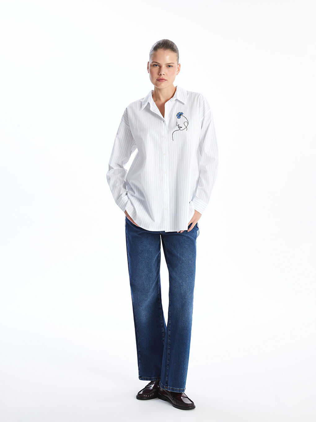 Loose Fit Poplin Women's Shirt -S55155Z8-LEN