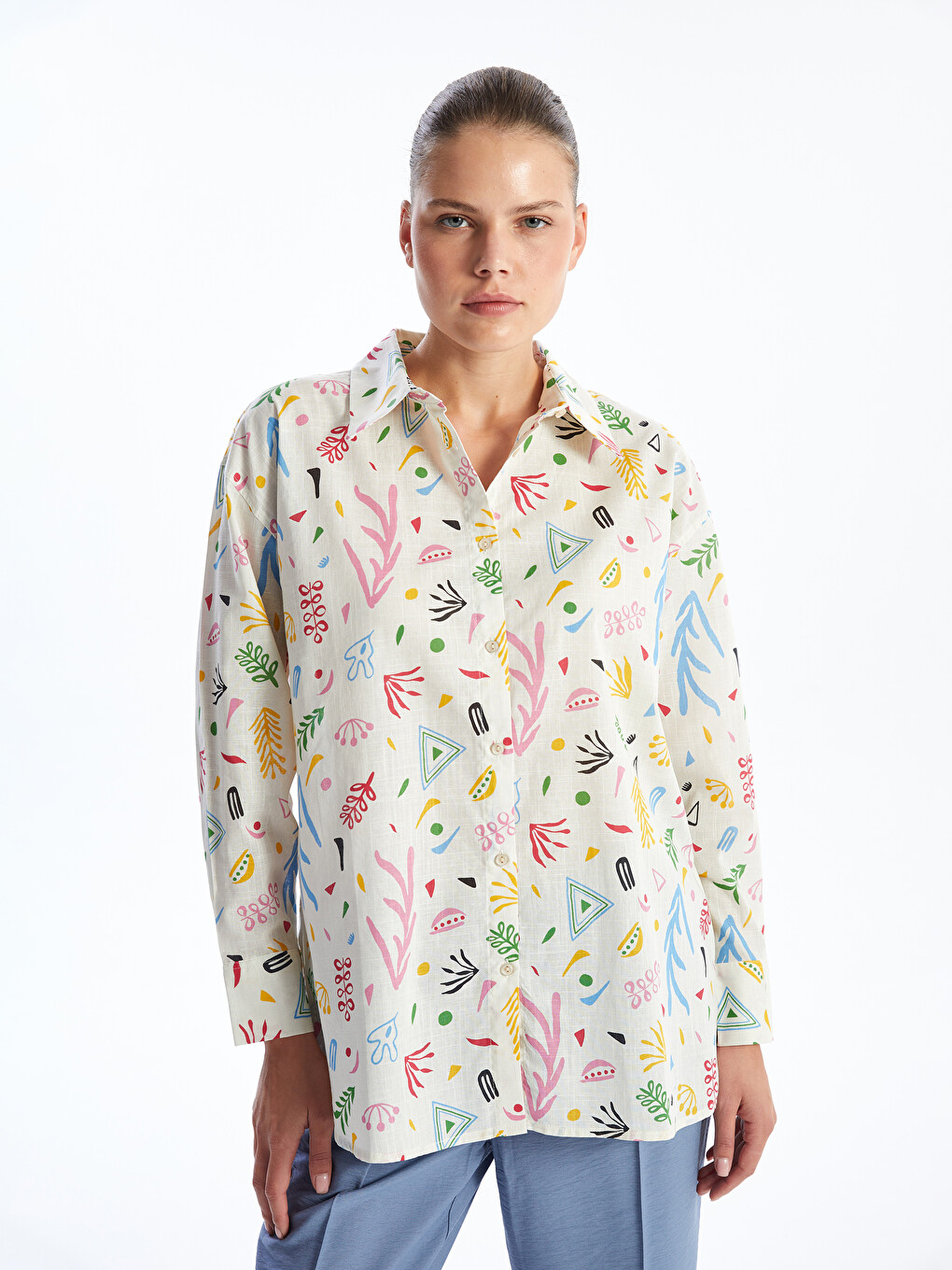 Desenli Oversize Poplin Kadın Gömlek