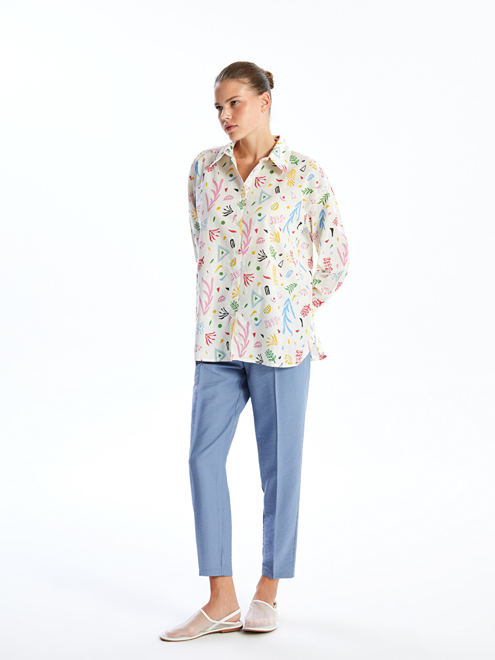 Desenli Oversize Poplin Kadın Gömlek-1