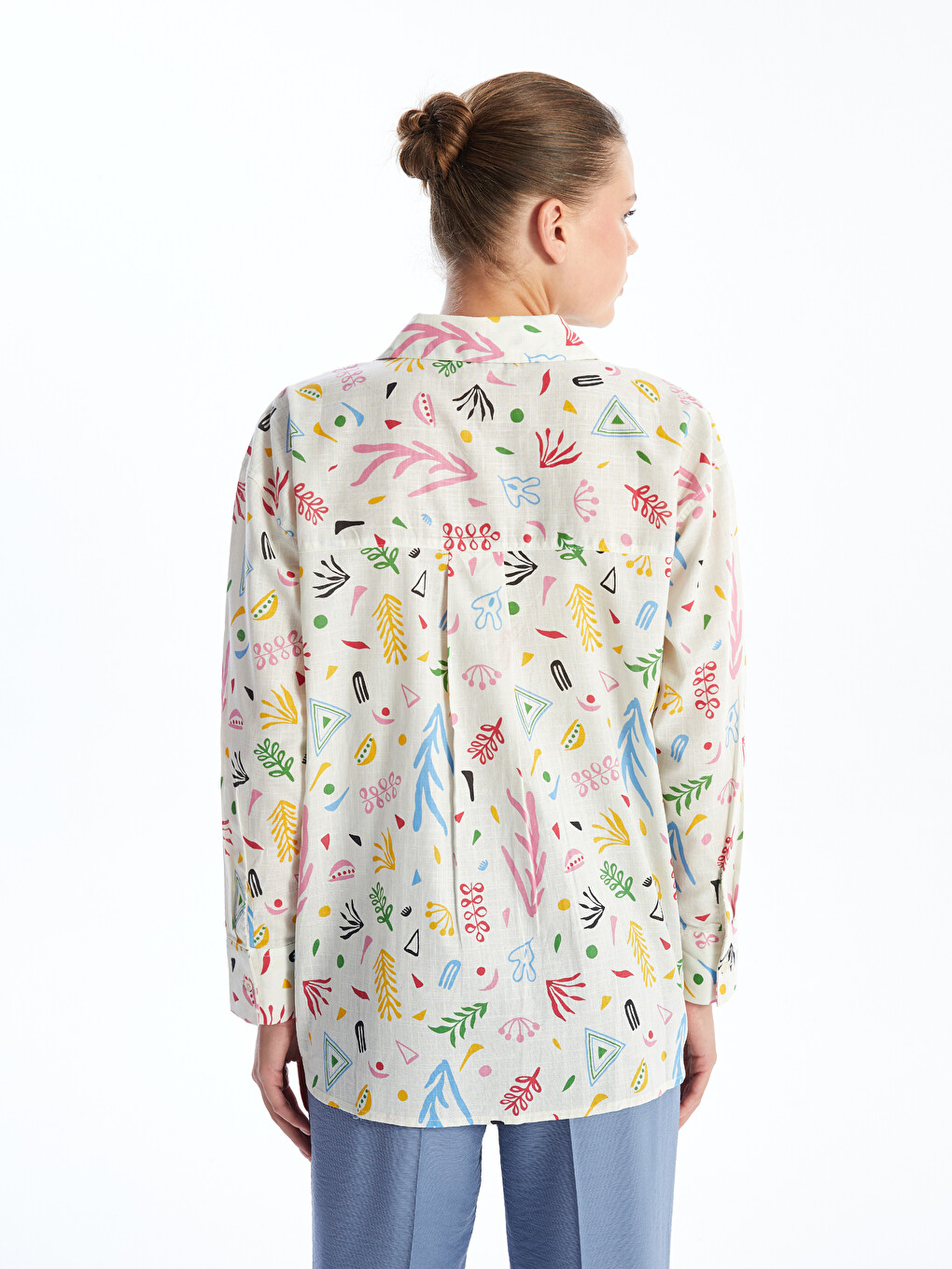 Desenli Oversize Poplin Kadın Gömlek-3
