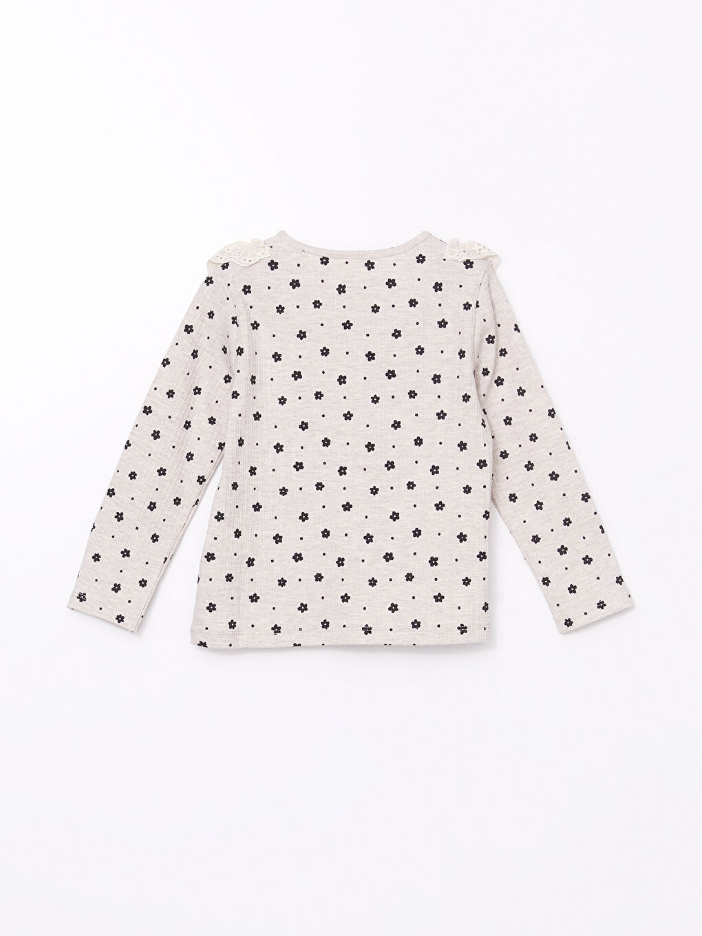 Bej Bisiklet Yaka Çiçekli Kız Çocuk Tişört-1