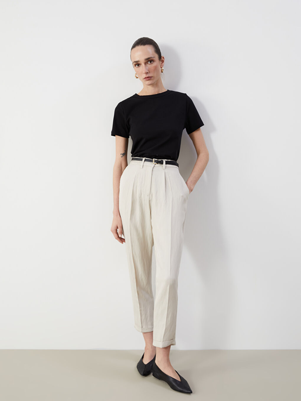 Belted Linen-Look Women's Trousers -S55568Z8-FGB
