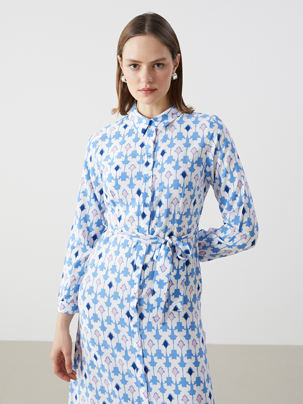 Patterned Women's Long Shirt Dress with Sash