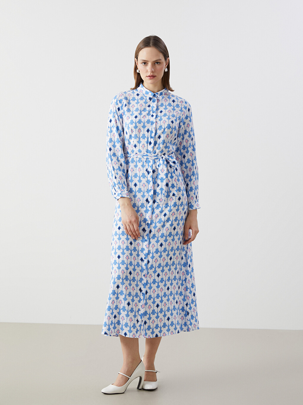 Patterned Women's Long Shirt Dress with Sash-1