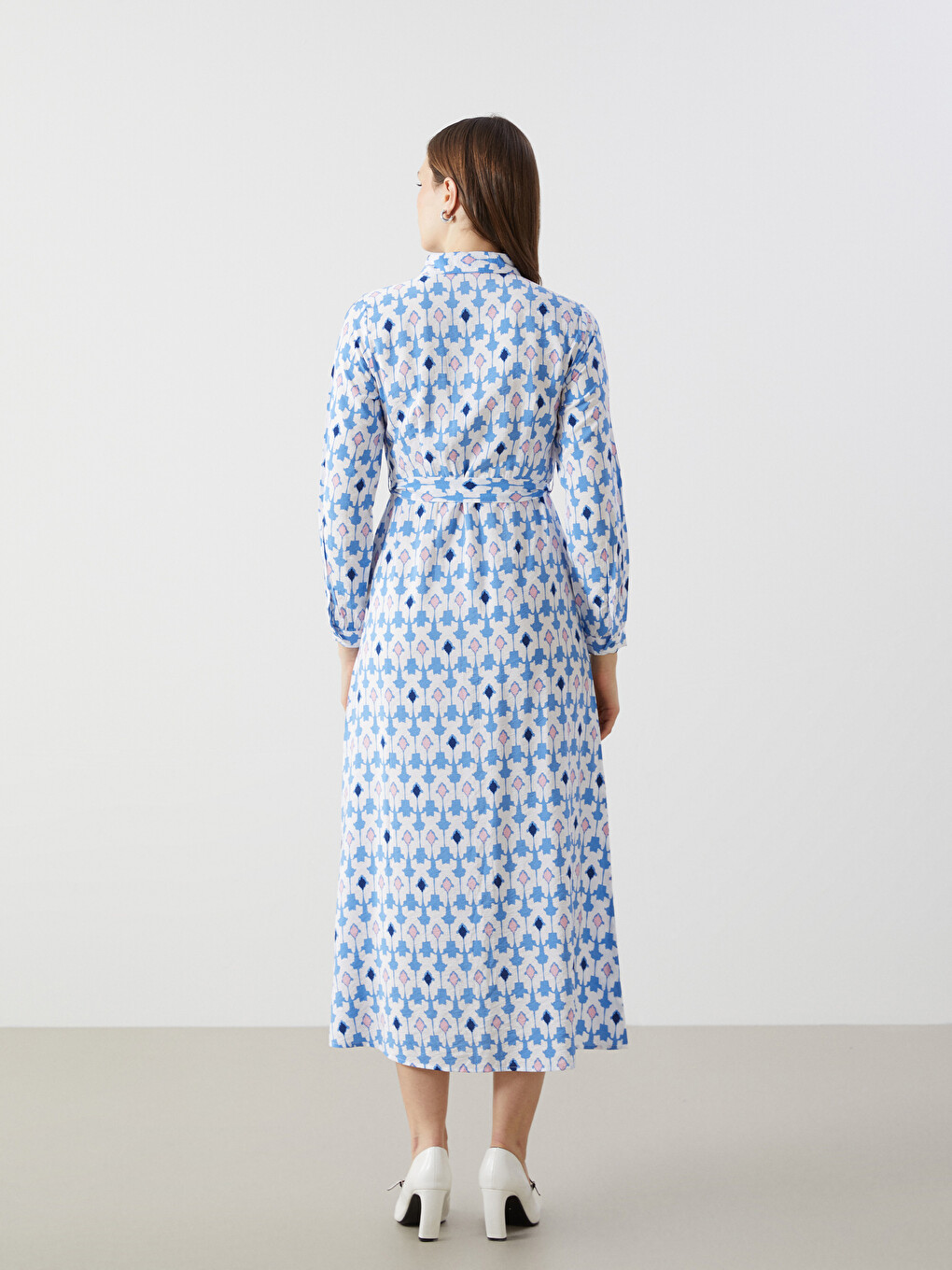 Patterned Women's Long Shirt Dress with Sash-3