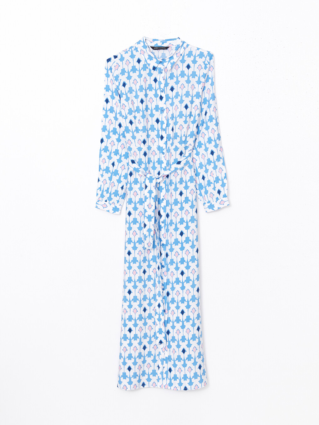 Patterned Women's Long Shirt Dress with Sash-4