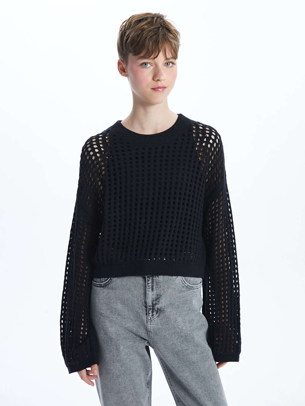 Crew Neck Hole-Knitted Women's Sweater -S55642Z8-CVL