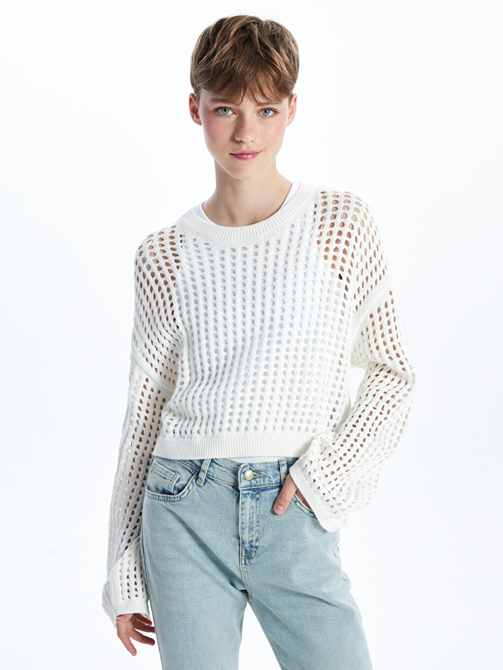 Crew Neck Hole-Knitted Women's Sweater -S55642Z8-R9J