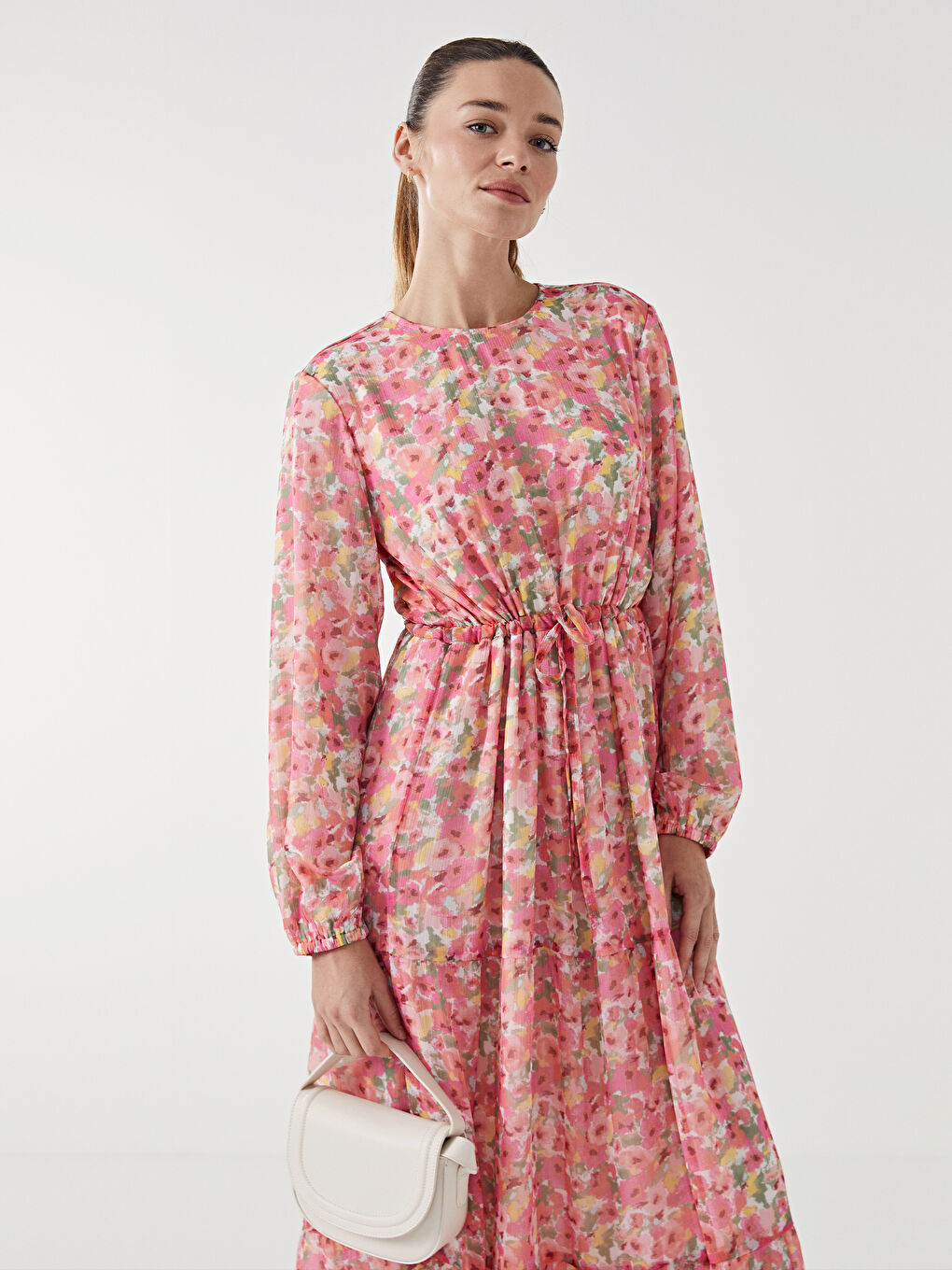 Rochie Florală cu Guler Rotund pentru Femei-1