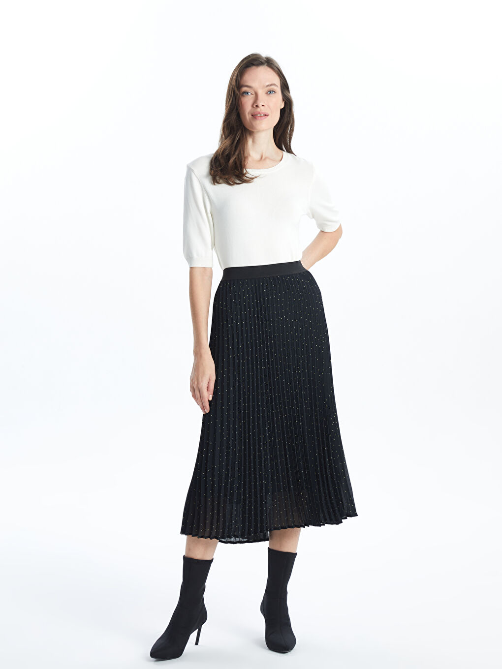 Zippered Waist Polka Dot Chiffon Women's Pleated Skirt -S55653Z8-LQJ