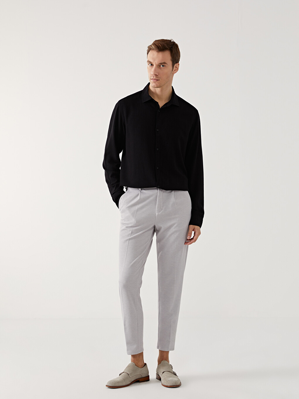 Siyah Slim Fit Uzun Kollu Keten Karışımlı Erkek Gömlek-2