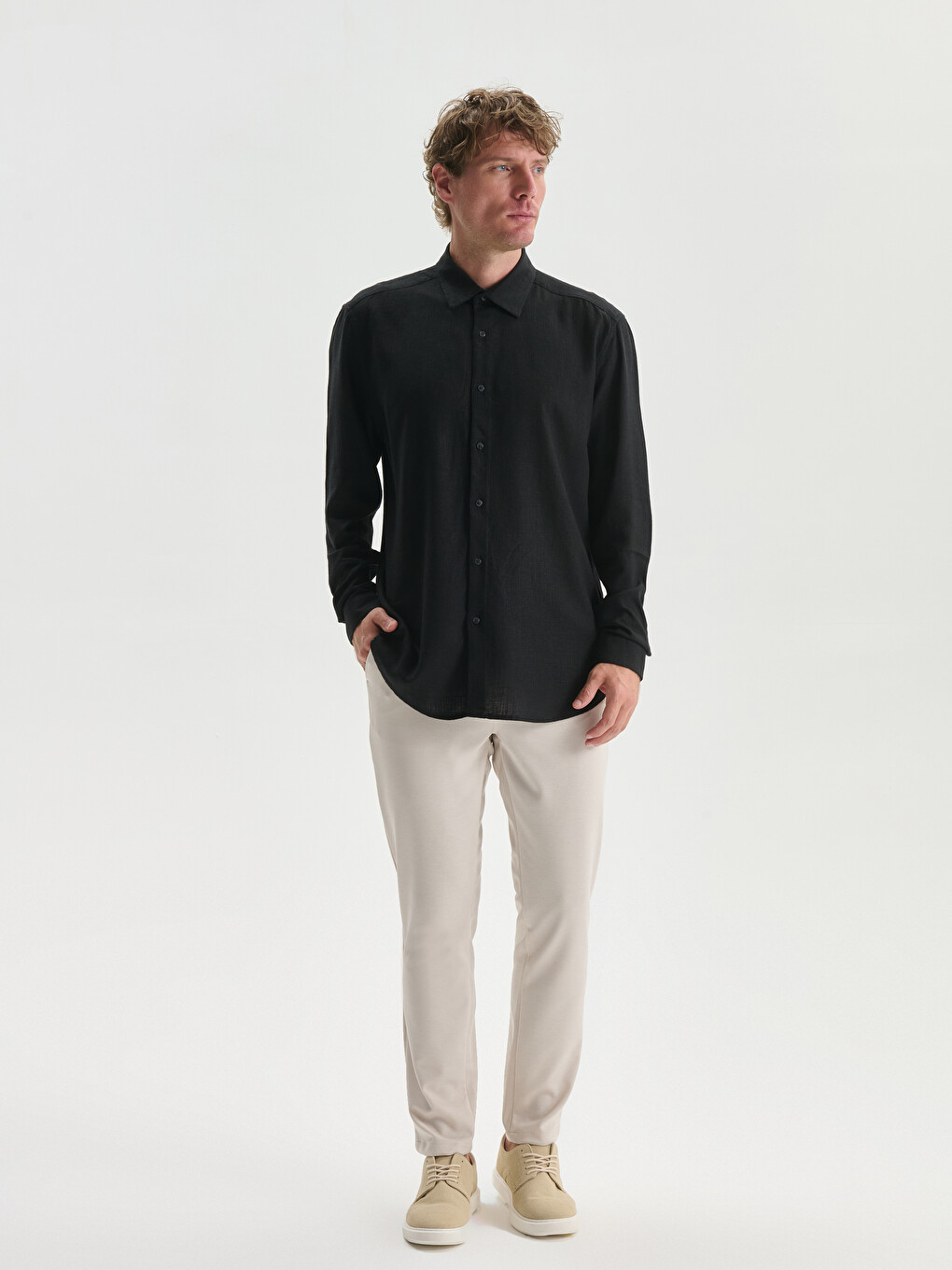 Siyah Slim Fit Uzun Kollu Keten Karışımlı Erkek Gömlek-1