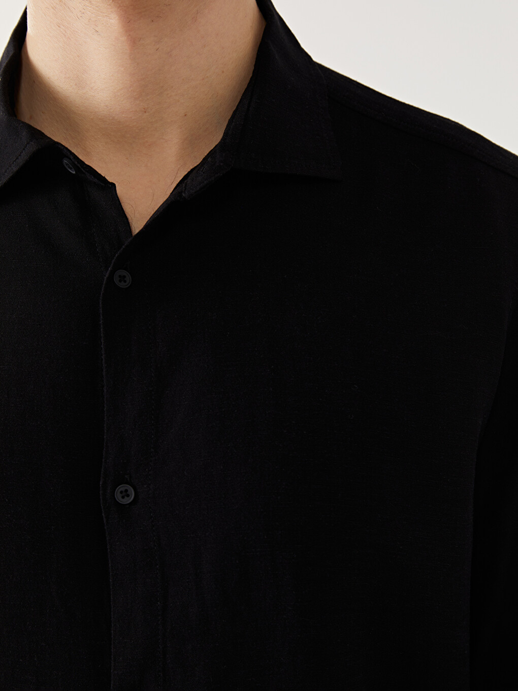 Siyah Slim Fit Uzun Kollu Keten Karışımlı Erkek Gömlek-4