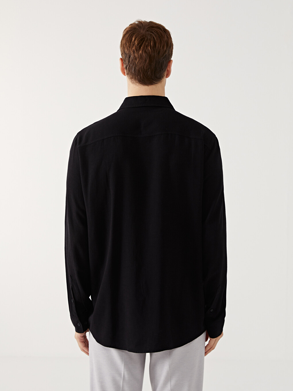 Siyah Slim Fit Uzun Kollu Keten Karışımlı Erkek Gömlek-6