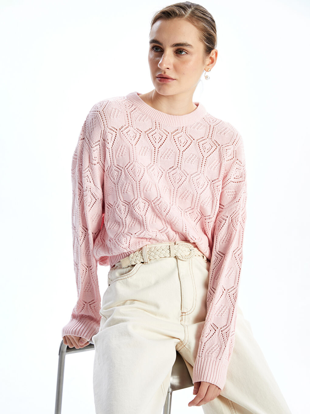 Crew Neck Hole-Knitted Women's Knitwear Sweater -S55842Z8-FX2