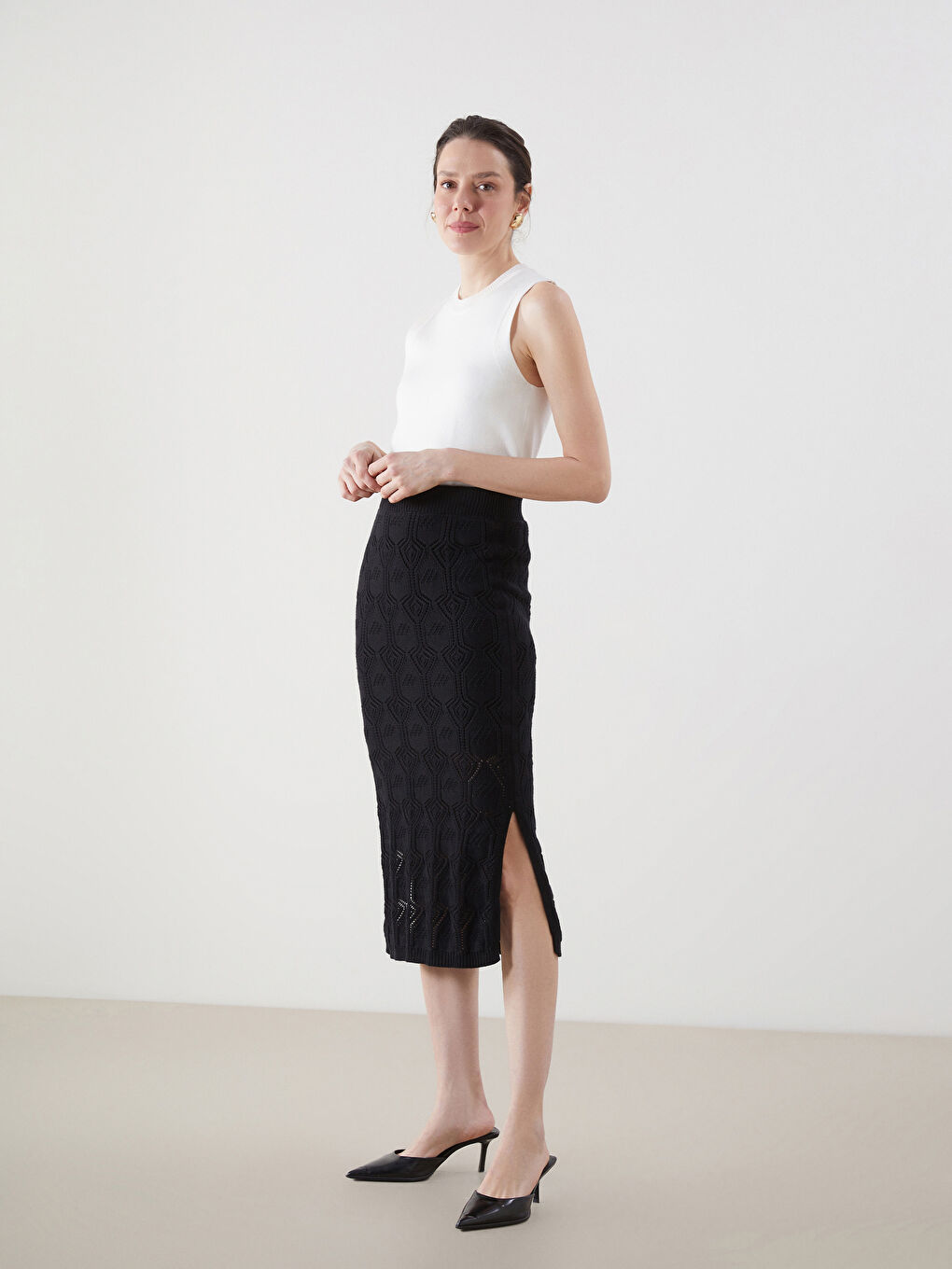 Elastic Waist Hole-Knitted Tricot Skirt -S55846Z8-CVL