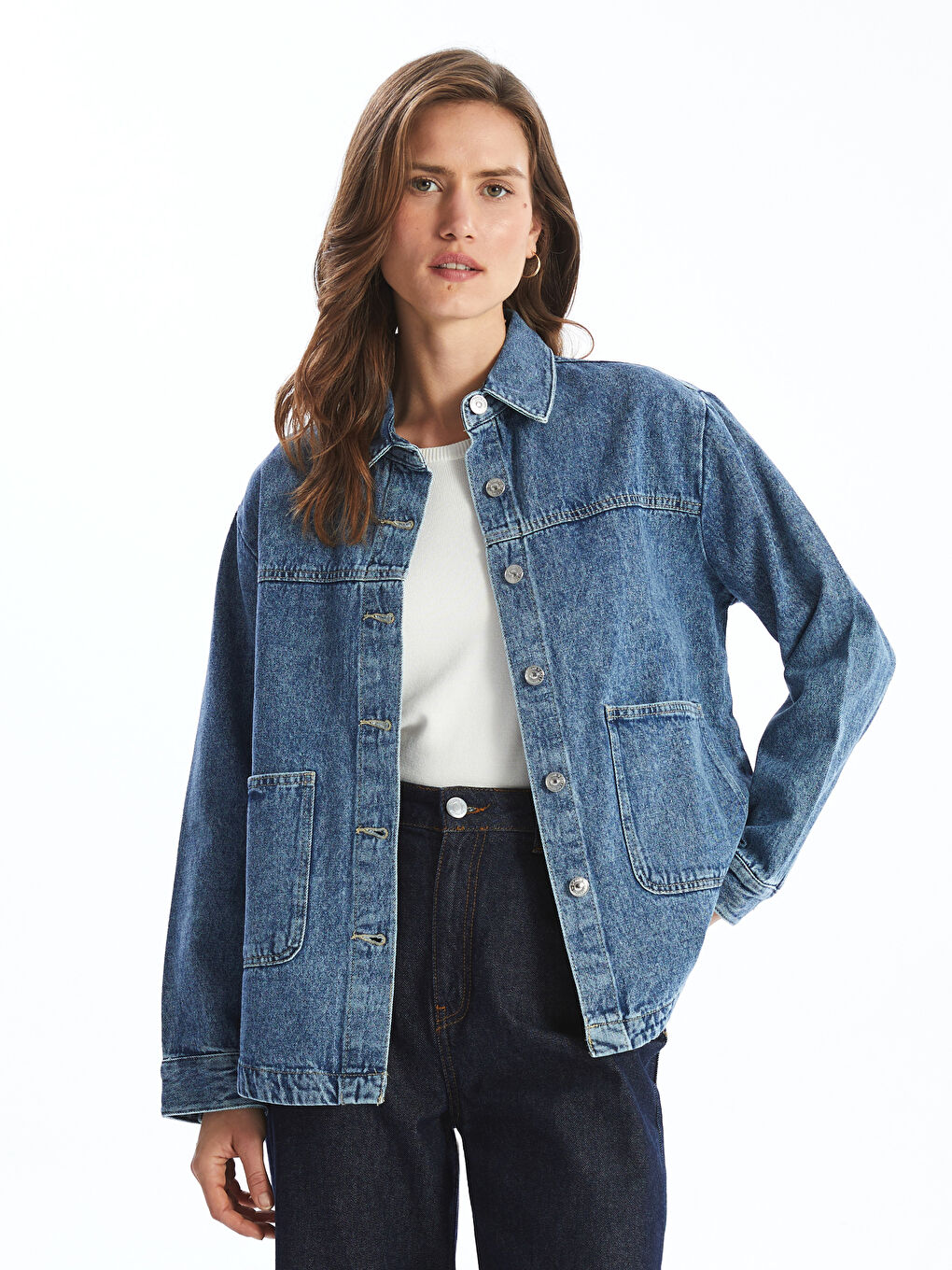Collared Neck Pocketed Women's Denim Jacket -S55911Z8-H45