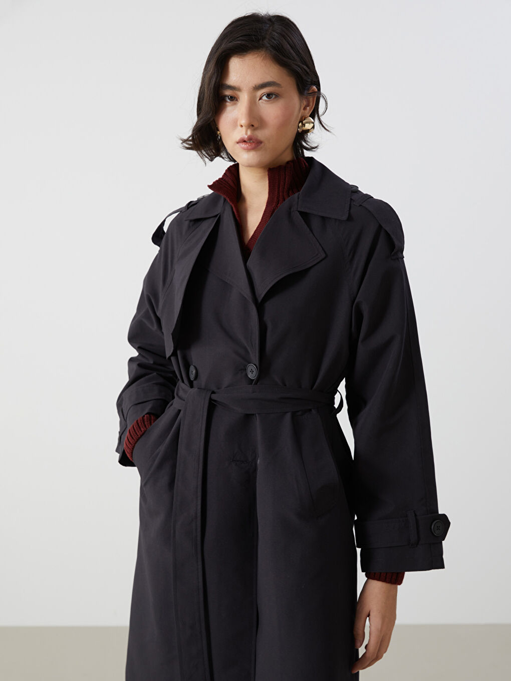 Women's Jacket Collar Plain Trench Coat -S55989Z8-CVL