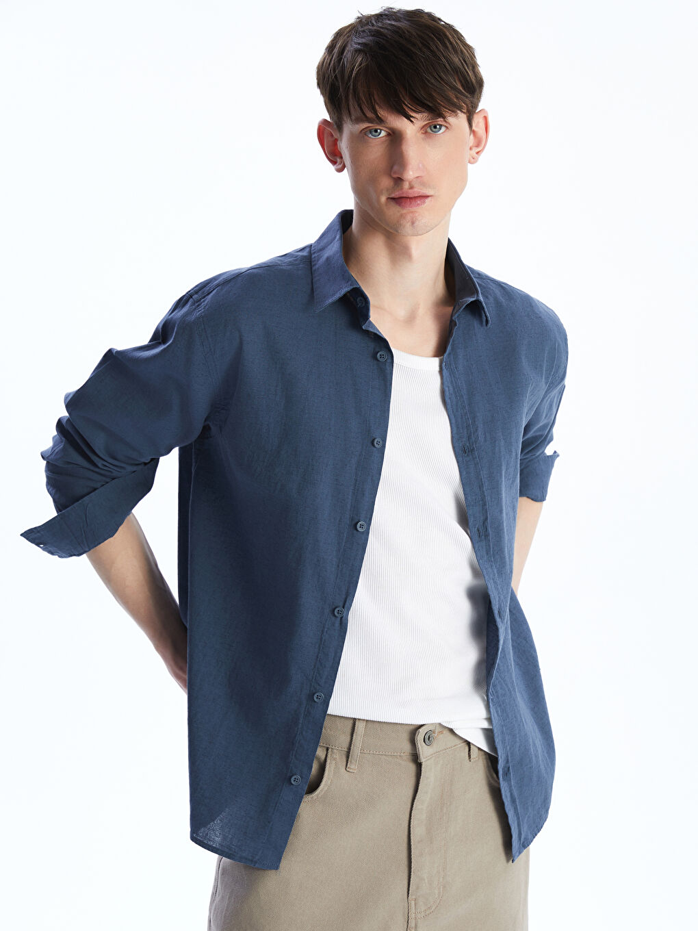 Regular Fit Long Sleeve Linen-Blend Men's Shirt -S56002Z8-K1Y