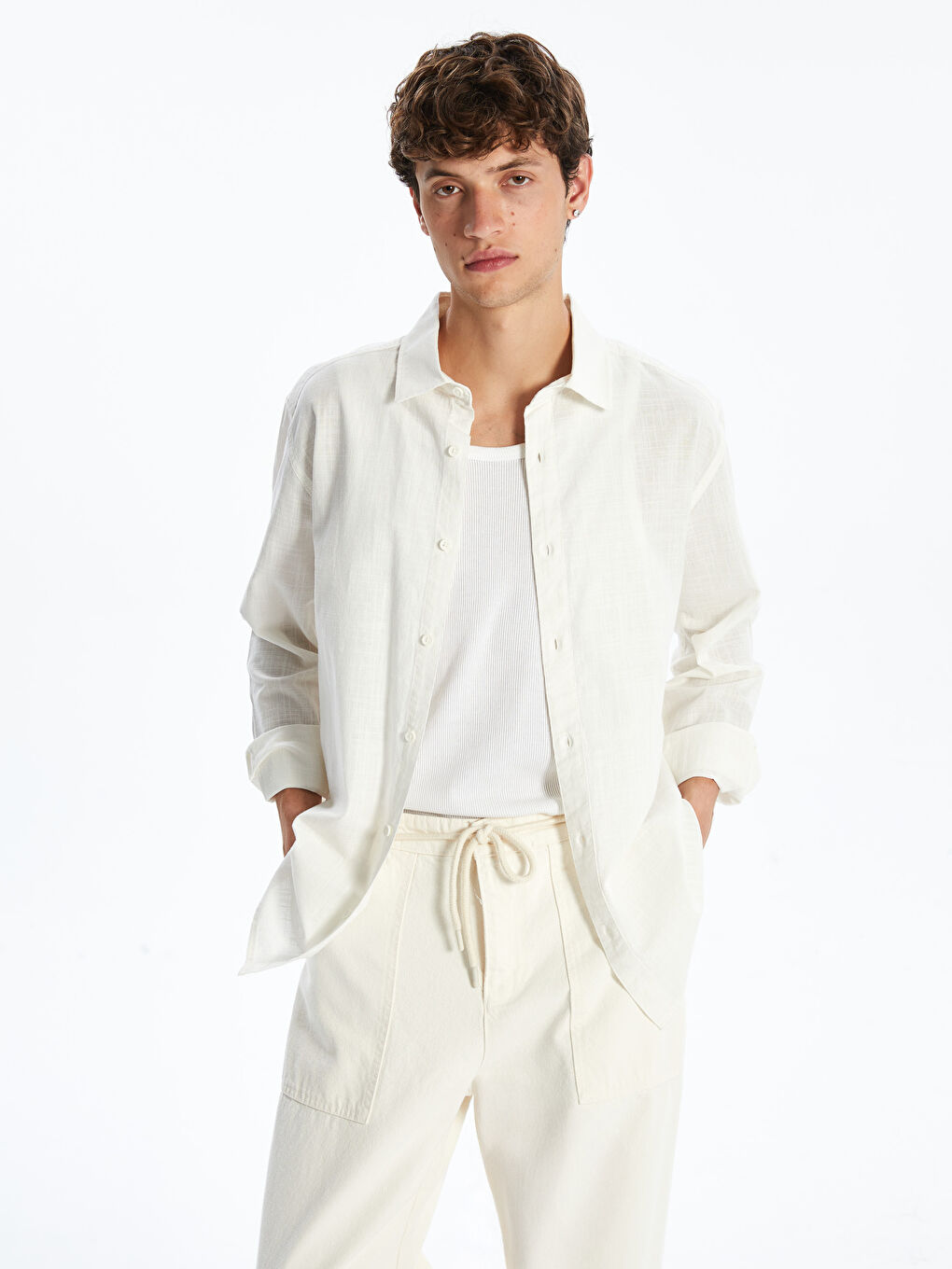 Regular Fit Long Sleeve Linen Blend Men's Shirt -S56002Z8-R9J