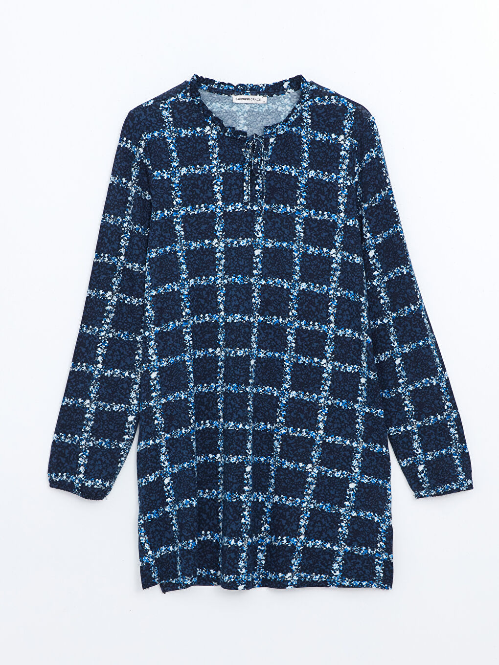 Lacivert Bağlamalı Yaka Desenli Kadın Tunik