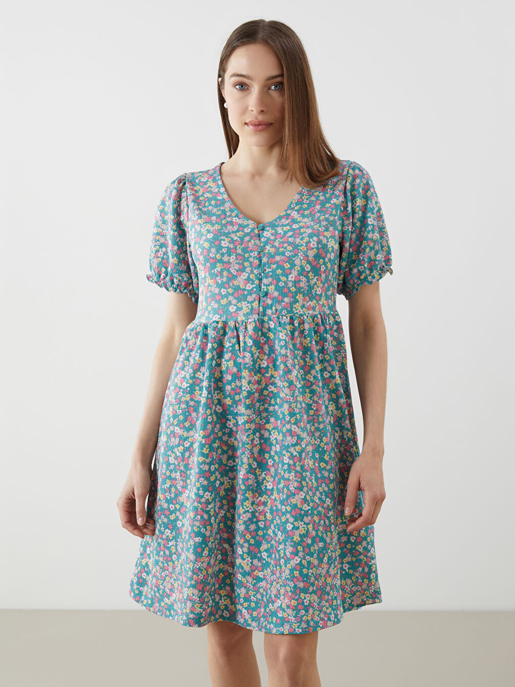 V-Neck Floral Mini Dress -S56019Z8-LRR