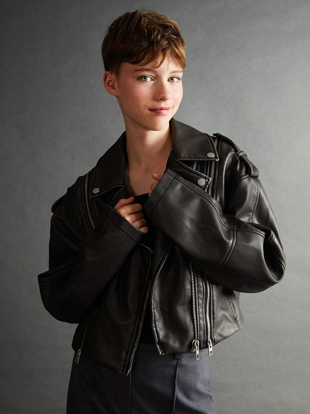 Biker Neck Women's Faux Leather Jacket -S56047Z8-CVL