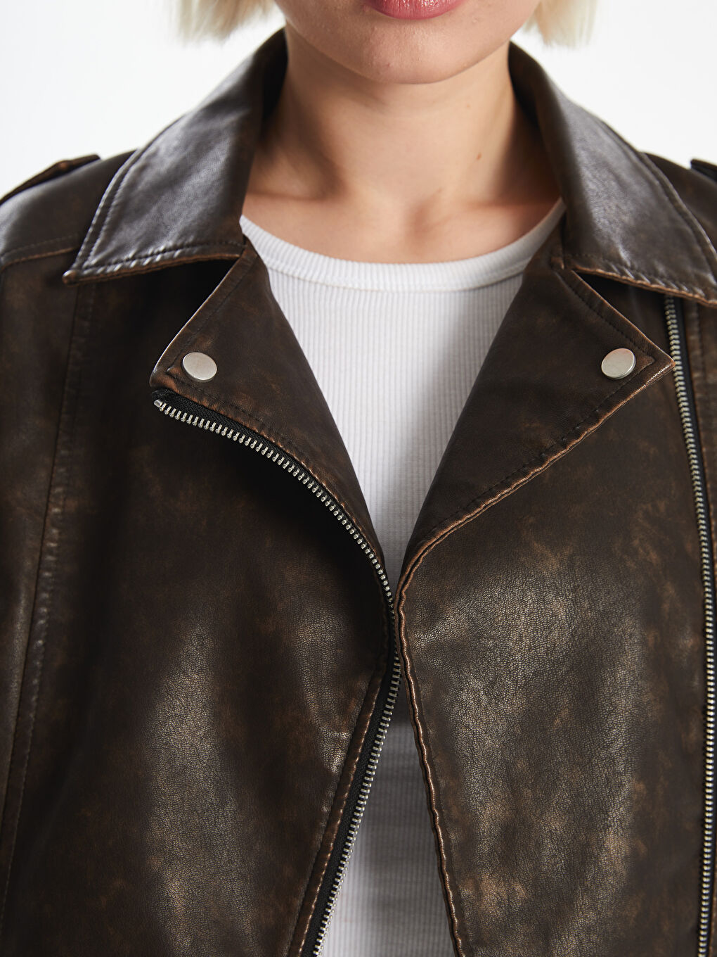 Biker Collar Women's Leather Look Jacket -S56051Z8-YA1