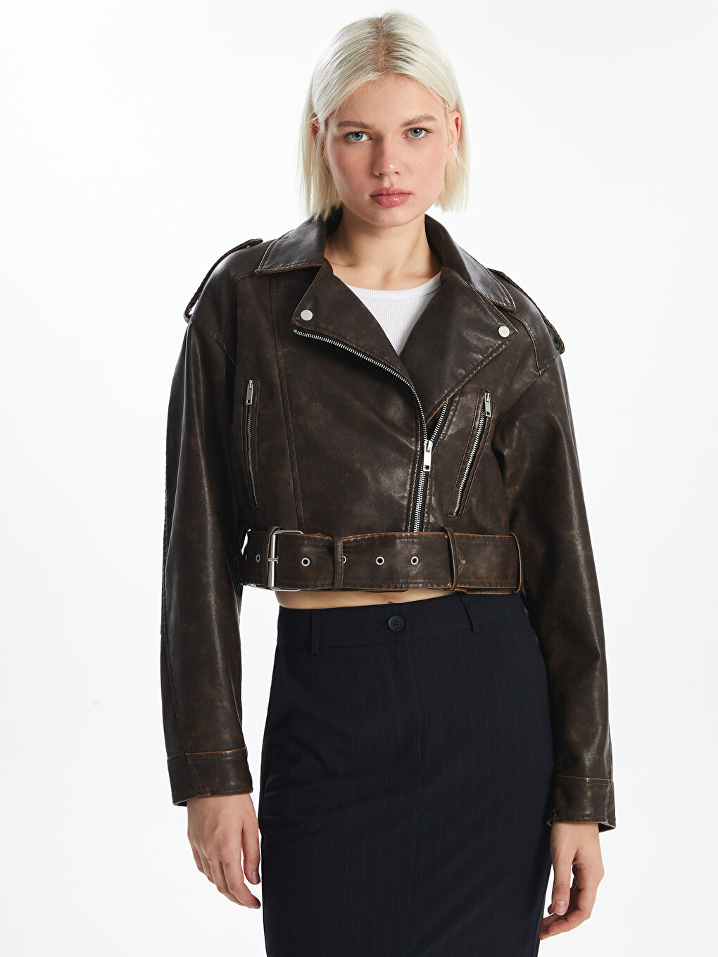 Biker Collar Women's Leather Look Jacket -S56051Z8-YA1