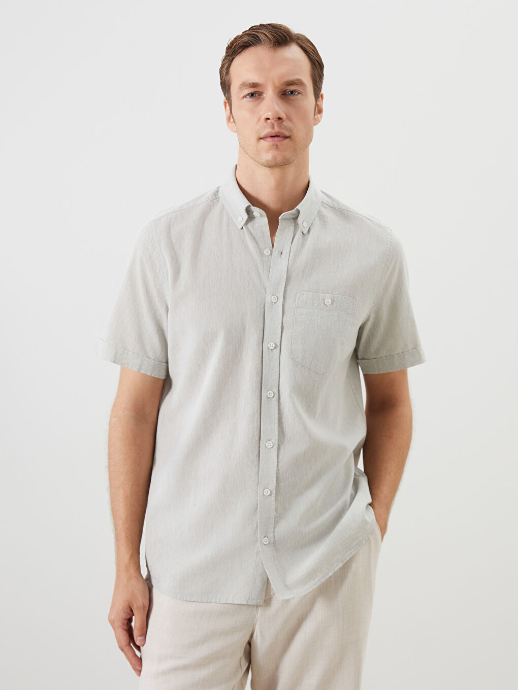 Regular Fit Linen Blend Men's Shirt -S56053Z8-GDA