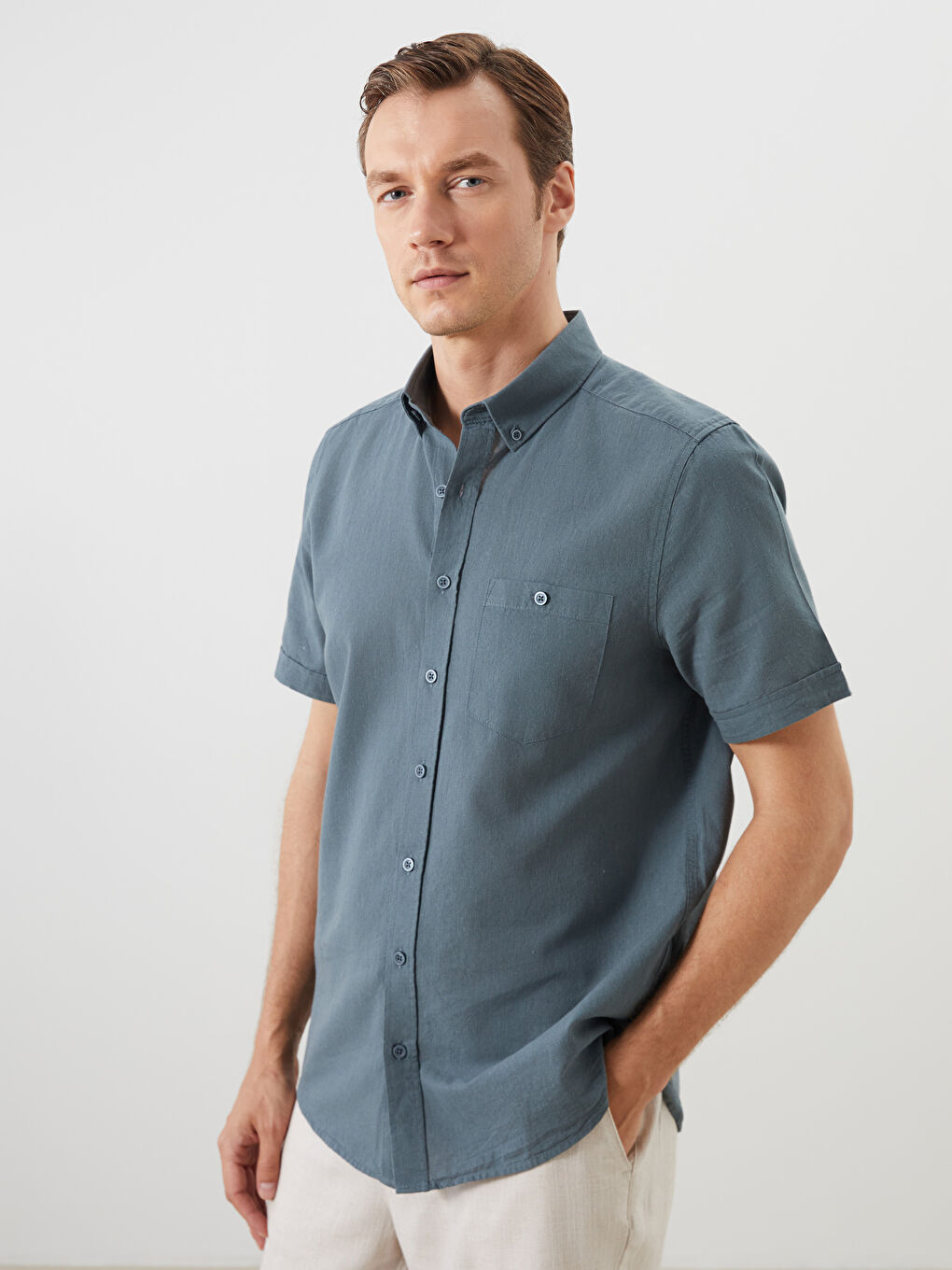 Regular Fit Linen Blend Men's Shirt -S56053Z8-V2D