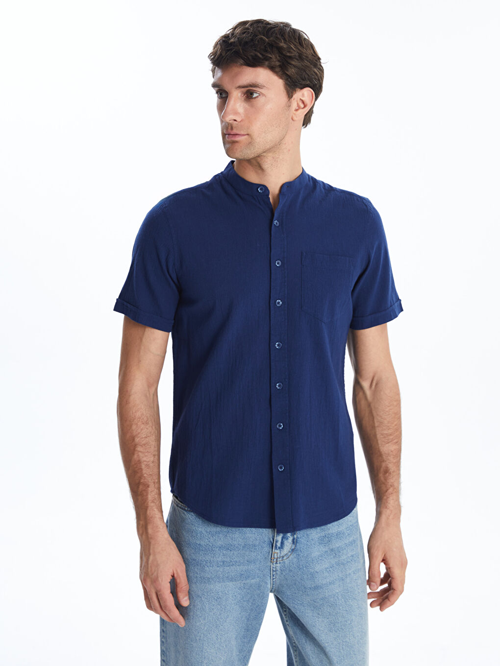 Regular Fit Grandad Collar Short Sleeve Men's Shirt -S56061Z8-CS6