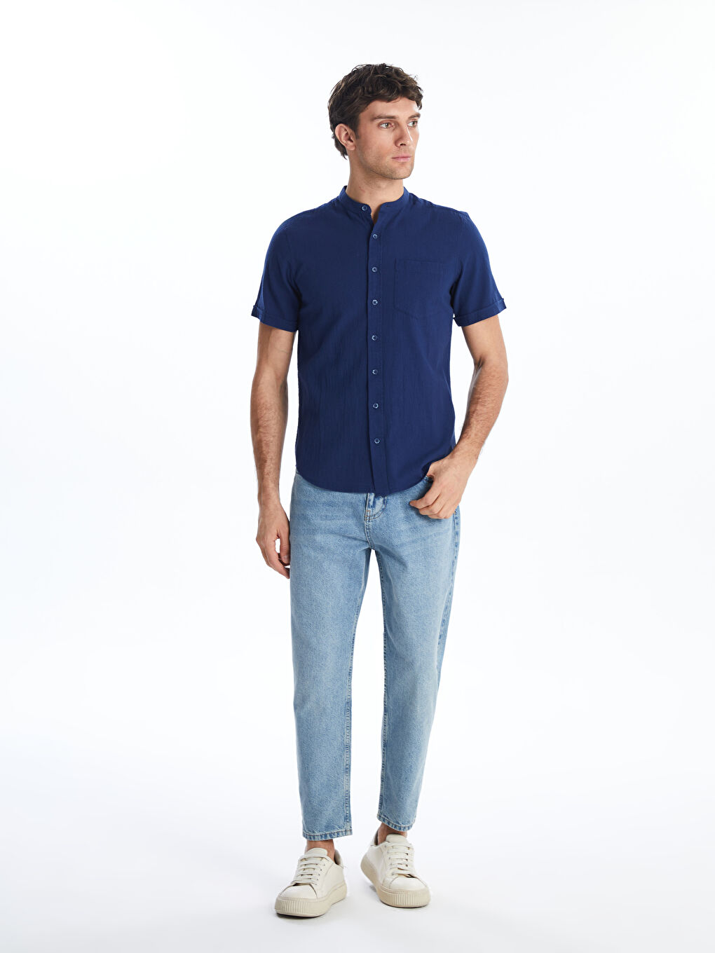 Regular Fit Grandad Collar Short Sleeve Men's Shirt -S56061Z8-CS6