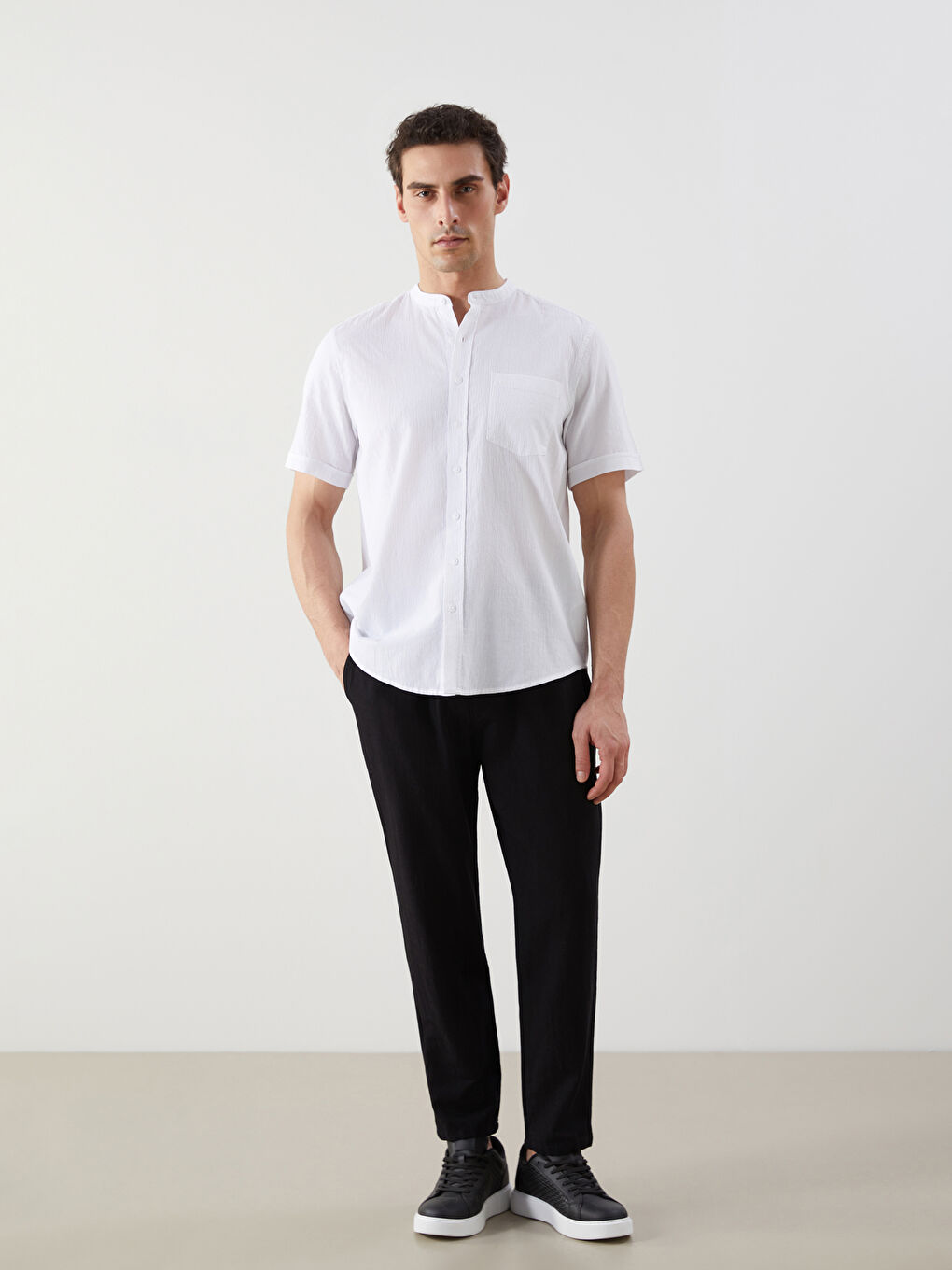 Regular Fit Grandad Collar Short Sleeve Men's Shirt -S56061Z8-Q6K
