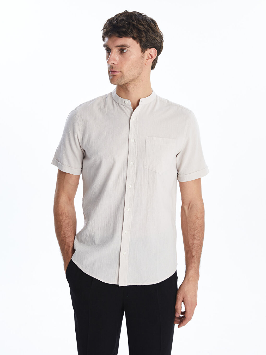 Regular Fit Grandad Collar Short Sleeve Men's Shirt -S56061Z8-VV6