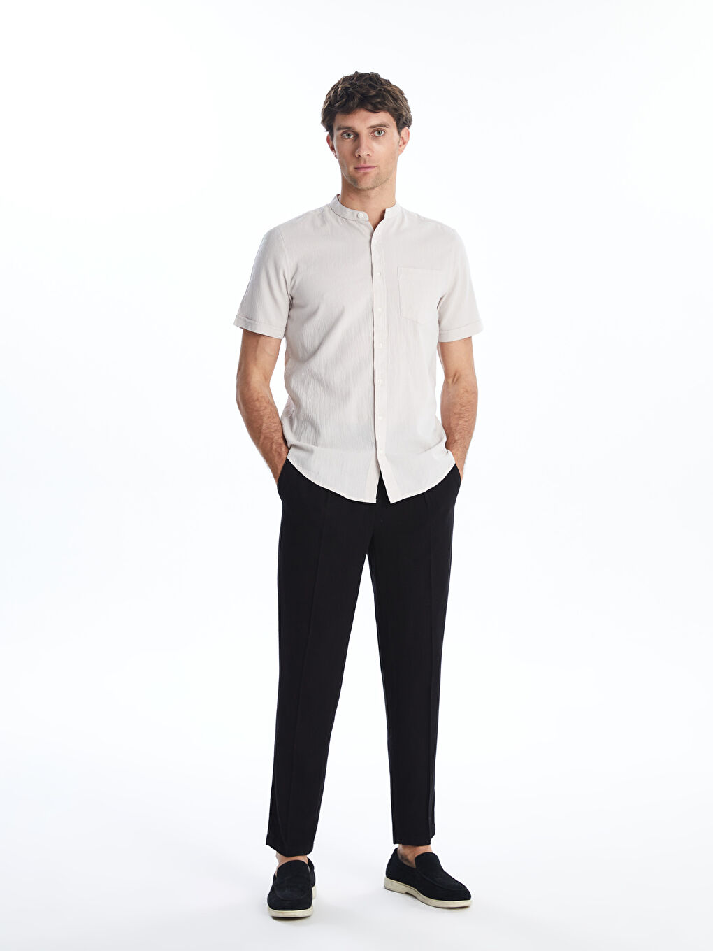 Regular Fit Grandad Collar Short Sleeve Men's Shirt -S56061Z8-VV6