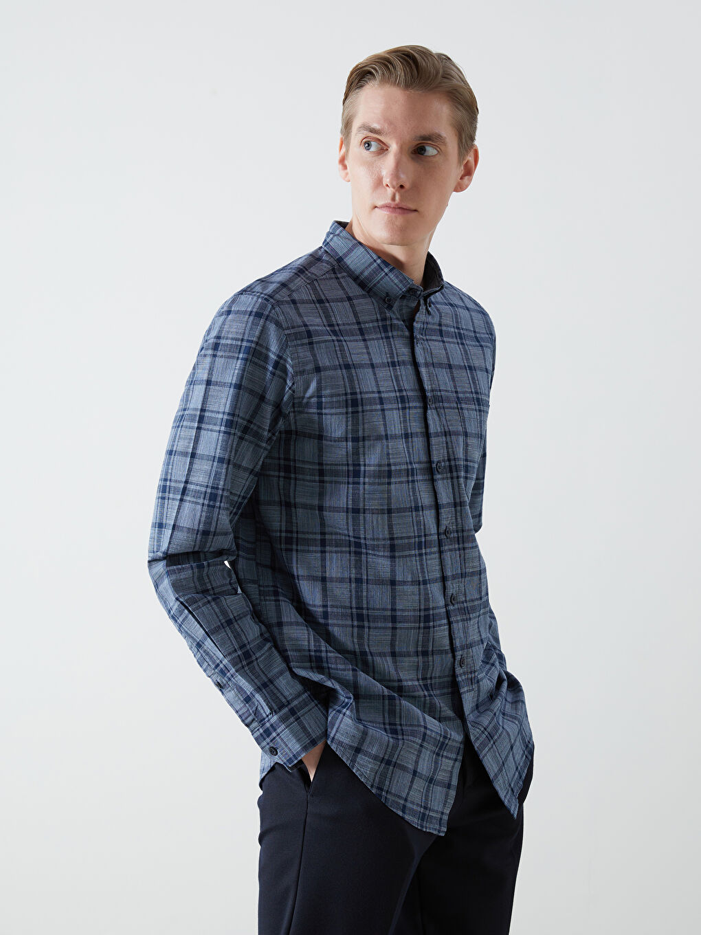 Regular Fit Long Sleeve Plaid Poplin Men's Shirt -S56069Z8-LN5