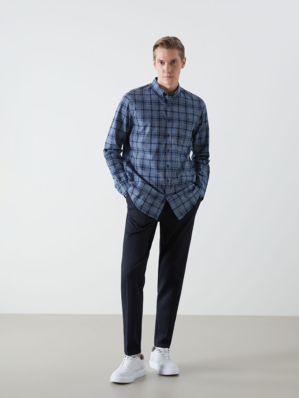 Regular Fit Long Sleeve Plaid Poplin Men's Shirt -S56069Z8-LN5